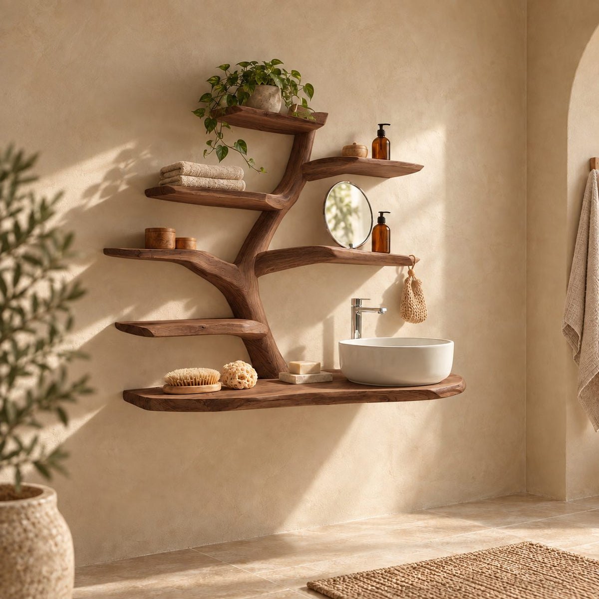 Six Tier Tree Bathroom Vanity 60 Inch, Thin Live Edge Floating Countertop with Thick Branch Shelves