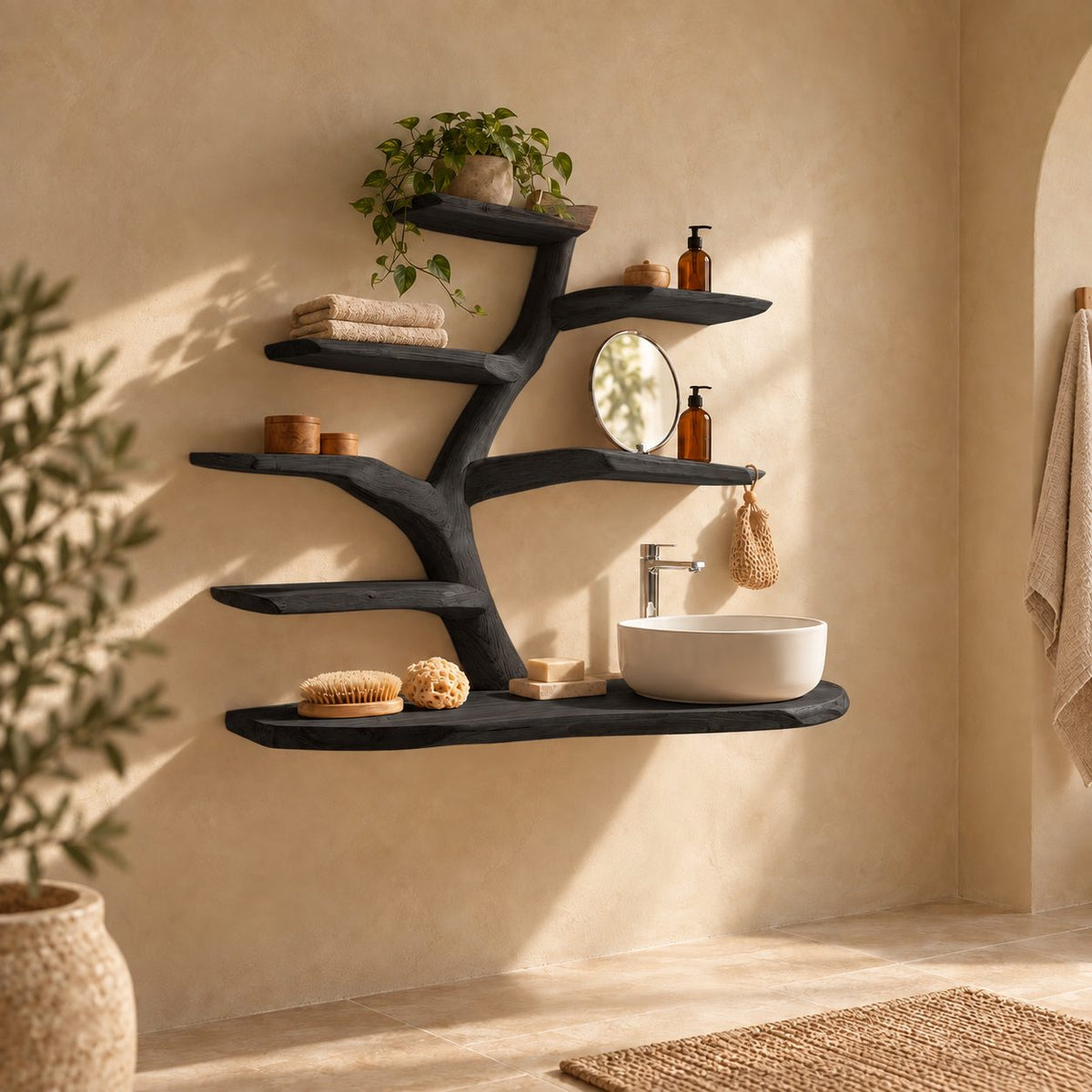 Six Tier Tree Bathroom Vanity 60 Inch, Thin Live Edge Floating Countertop with Thick Branch Shelves