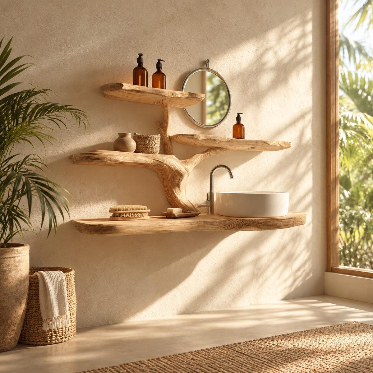 Low Spread Tree Bathroom Vanity 60 Inch, Live Edge Floating Countertop with Three Wide Branch Shelves