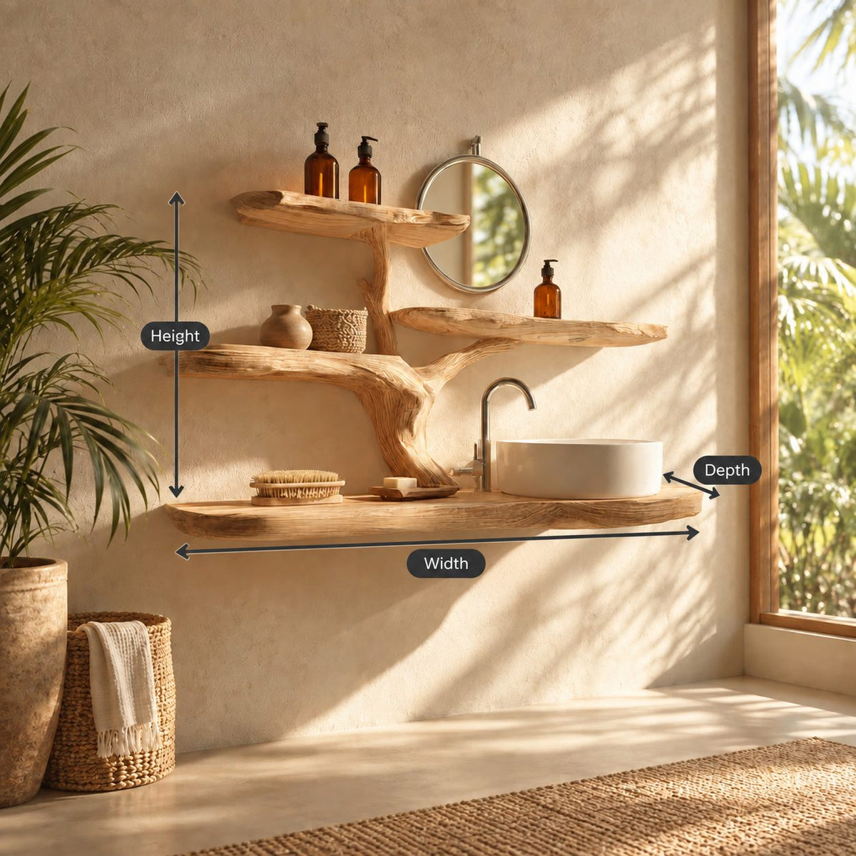 Low Spread Tree Bathroom Vanity 60 Inch, Live Edge Floating Countertop with Three Wide Branch Shelves