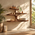 Low Spread Tree Bathroom Vanity 60 Inch, Live Edge Floating Countertop with Three Wide Branch Shelves