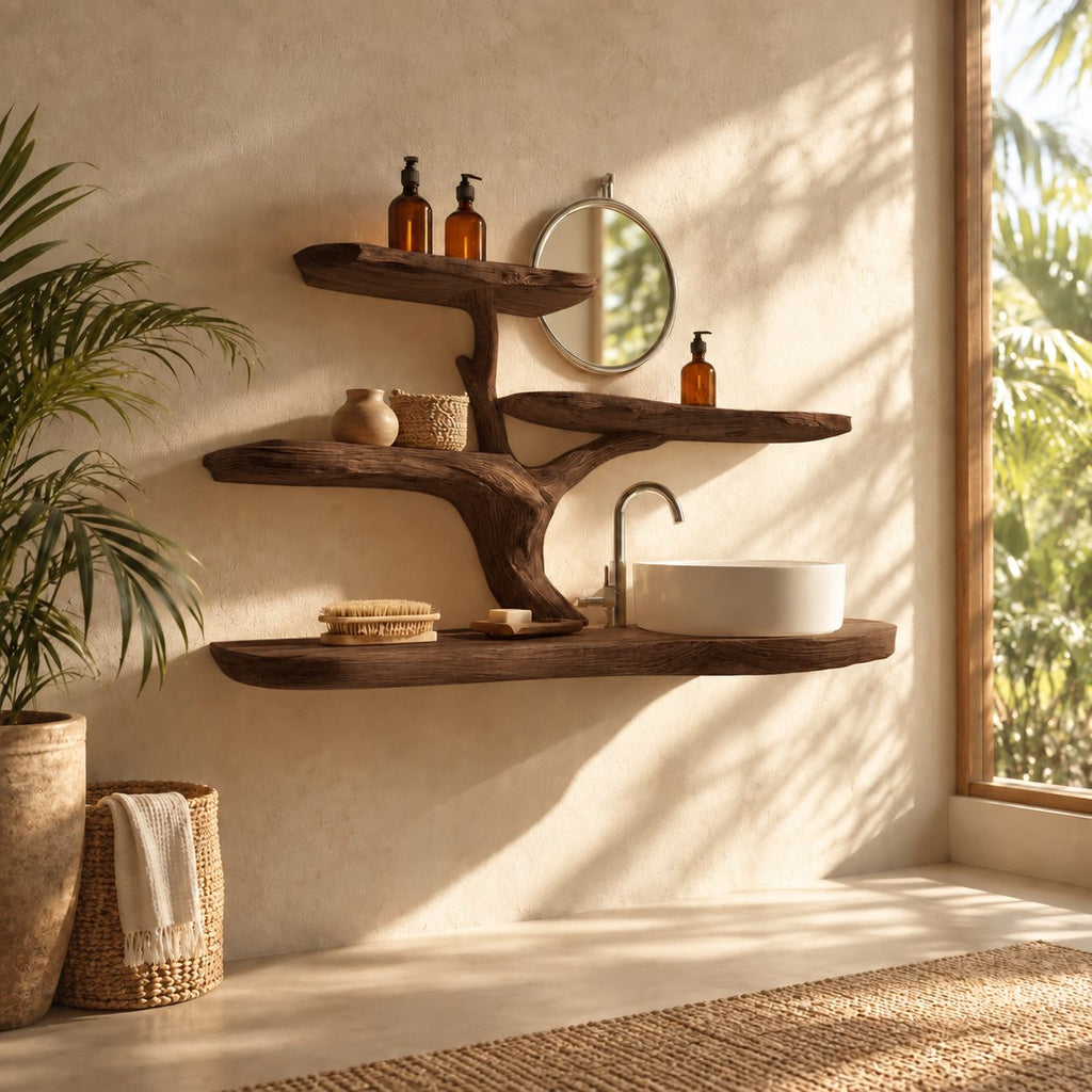 Low Spread Tree Bathroom Vanity 60 Inch, Live Edge Floating Countertop with Three Wide Branch Shelves