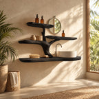 Low Spread Tree Bathroom Vanity 60 Inch, Live Edge Floating Countertop with Three Wide Branch Shelves