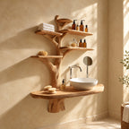 Tall Trunk Tree Bathroom Vanity 60 Inch, Oval Live Edge Countertop on a Trunk Stub with Five Shelves