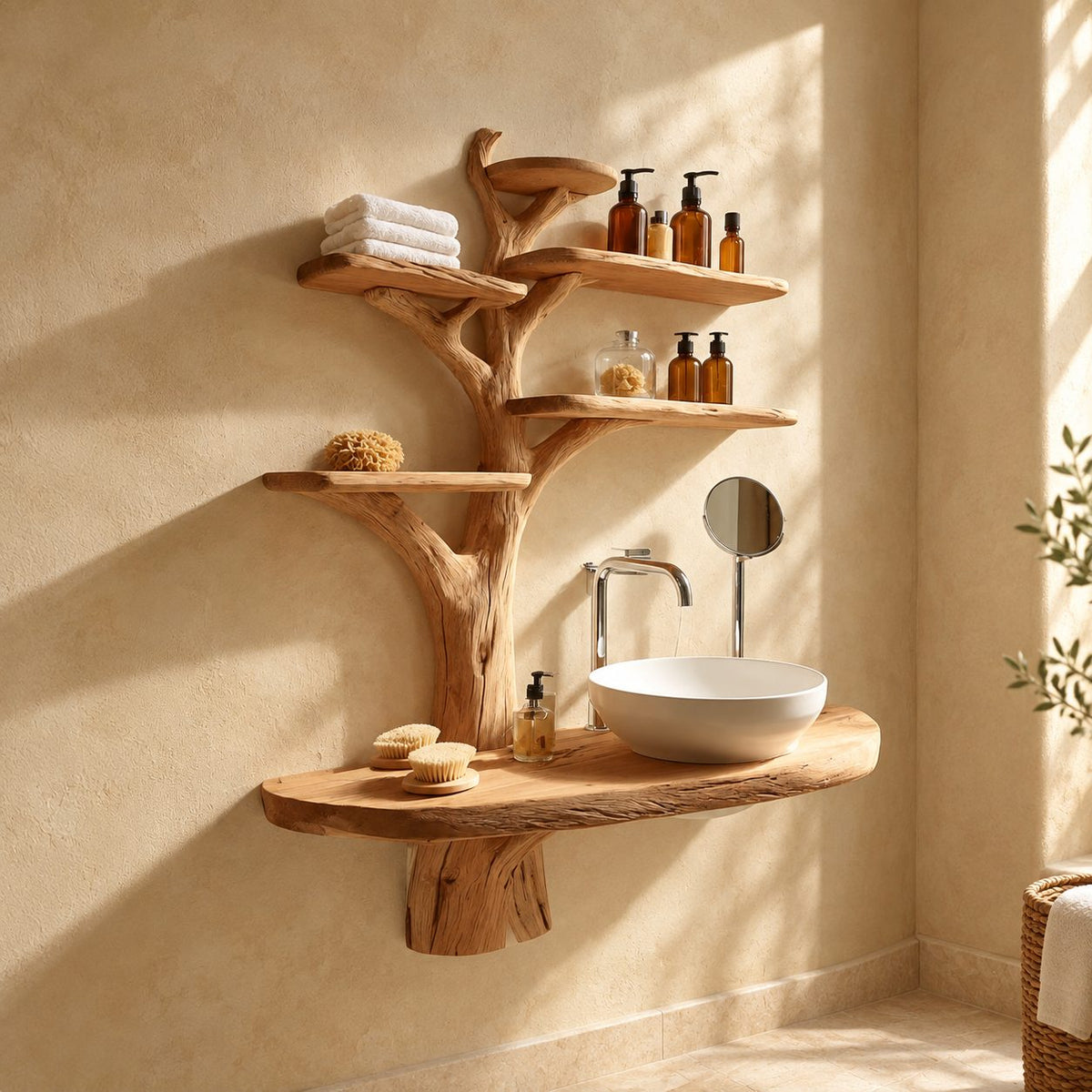 Tall Trunk Tree Bathroom Vanity 60 Inch, Oval Live Edge Countertop on a Trunk Stub with Five Shelves