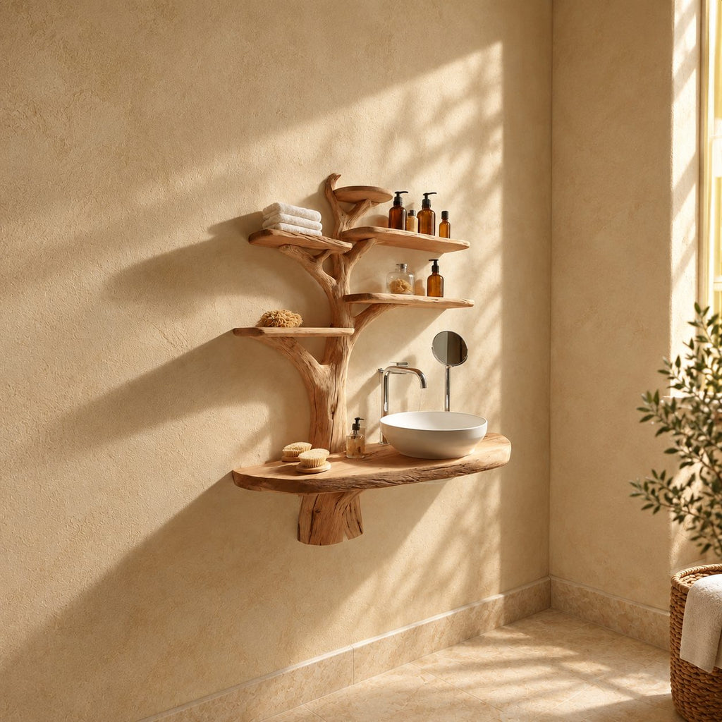 Tall Trunk Tree Bathroom Vanity 60 Inch, Oval Live Edge Countertop on a Trunk Stub with Five Shelves