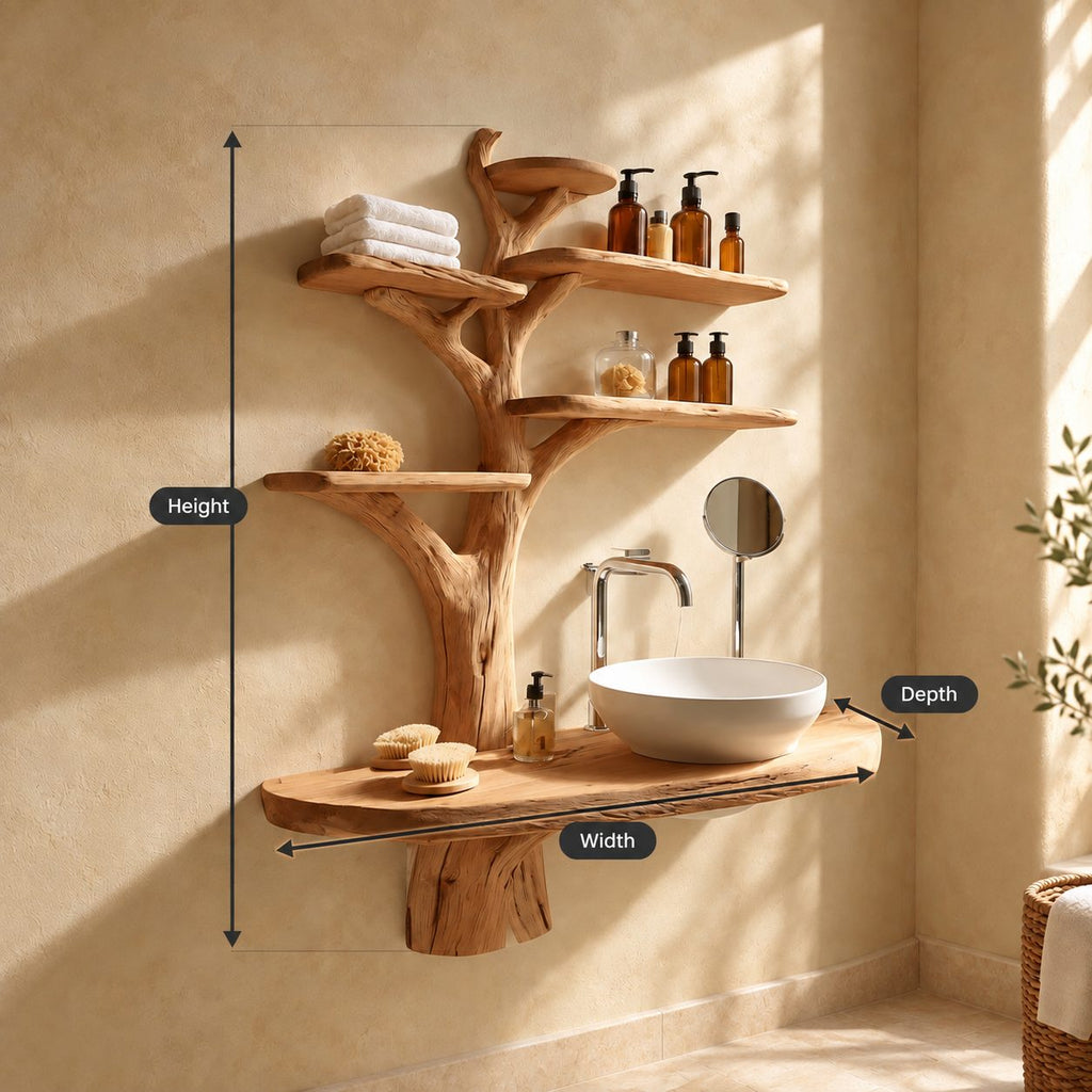 Tall Trunk Tree Bathroom Vanity 60 Inch, Oval Live Edge Countertop on a Trunk Stub with Five Shelves