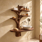 Tall Trunk Tree Bathroom Vanity 60 Inch, Oval Live Edge Countertop on a Trunk Stub with Five Shelves