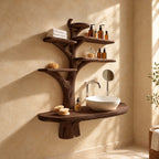 Tall Trunk Tree Bathroom Vanity 60 Inch, Oval Live Edge Countertop on a Trunk Stub with Five Shelves