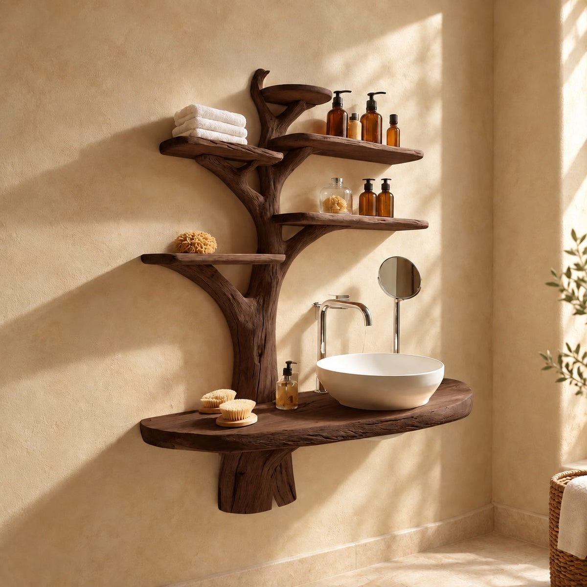 Tall Trunk Tree Bathroom Vanity 60 Inch, Oval Live Edge Countertop on a Trunk Stub with Five Shelves