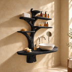 Tall Trunk Tree Bathroom Vanity 60 Inch, Oval Live Edge Countertop on a Trunk Stub with Five Shelves