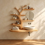 Smooth Sculpted Tree Bathroom Vanity 60 Inch, Rounded Floating Countertop with Five Branch Shelves