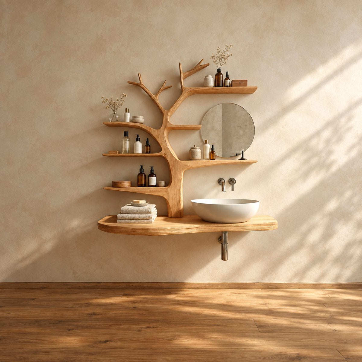Smooth Sculpted Tree Bathroom Vanity 60 Inch, Rounded Floating Countertop with Five Branch Shelves