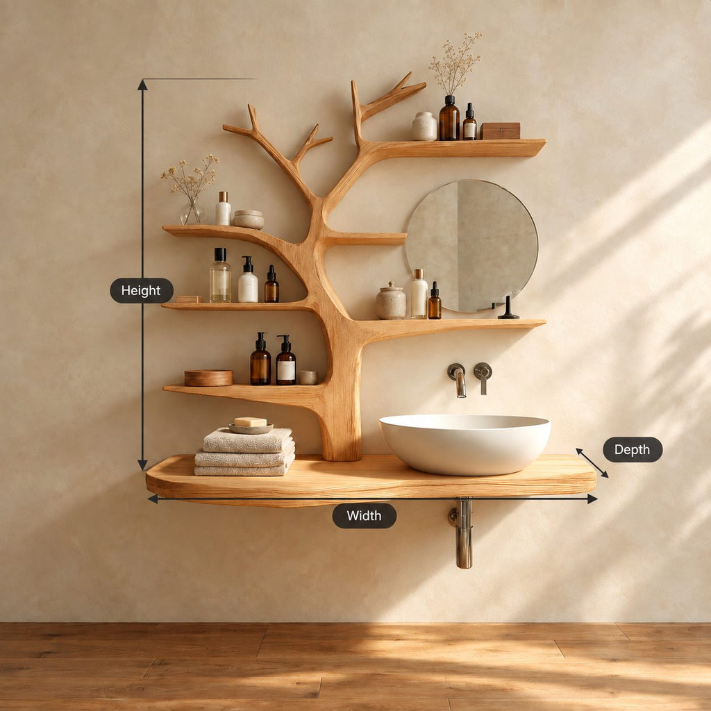 Smooth Sculpted Tree Bathroom Vanity 60 Inch, Rounded Floating Countertop with Five Branch Shelves