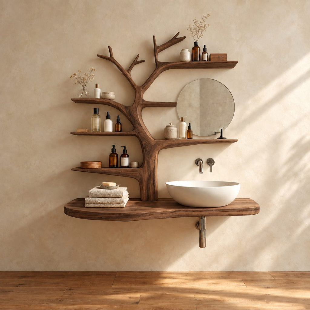 Smooth Sculpted Tree Bathroom Vanity 60 Inch, Rounded Floating Countertop with Five Branch Shelves