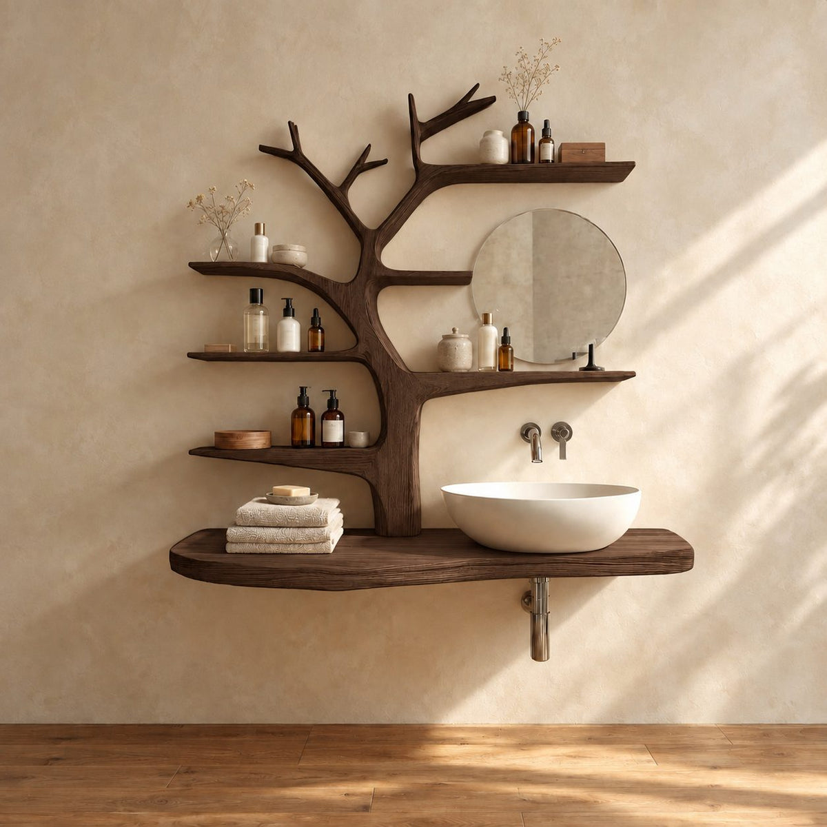 Smooth Sculpted Tree Bathroom Vanity 60 Inch, Rounded Floating Countertop with Five Branch Shelves