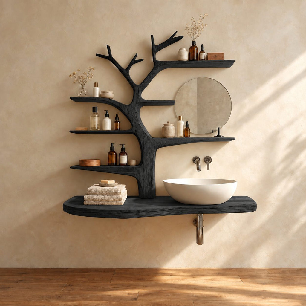 Smooth Sculpted Tree Bathroom Vanity 60 Inch, Rounded Floating Countertop with Five Branch Shelves