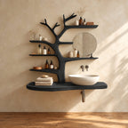 Smooth Sculpted Tree Bathroom Vanity 60 Inch, Rounded Floating Countertop with Five Branch Shelves