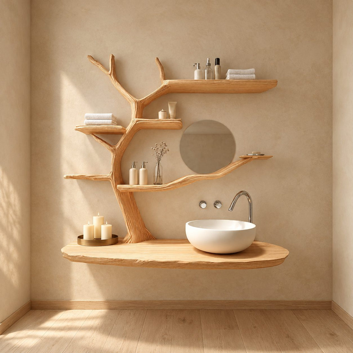 Wind Swept Tree Bathroom Vanity 60 Inch, Oval Floating Countertop with Four Long Branch Shelves