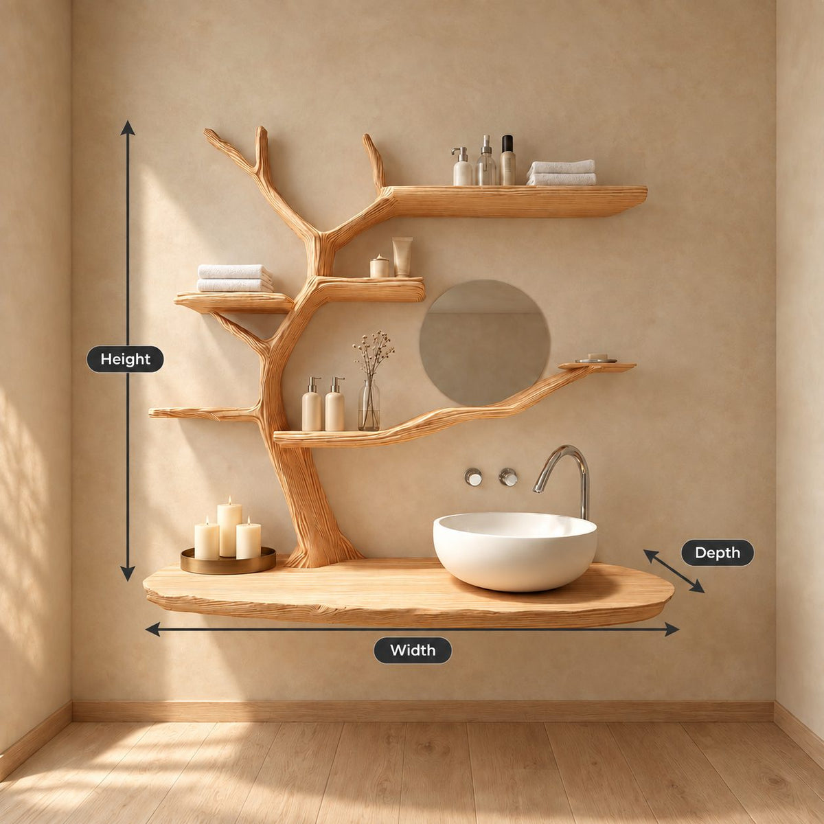 Wind Swept Tree Bathroom Vanity 60 Inch, Oval Floating Countertop with Four Long Branch Shelves