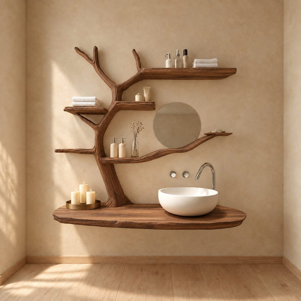 Wind Swept Tree Bathroom Vanity 60 Inch, Oval Floating Countertop with Four Long Branch Shelves