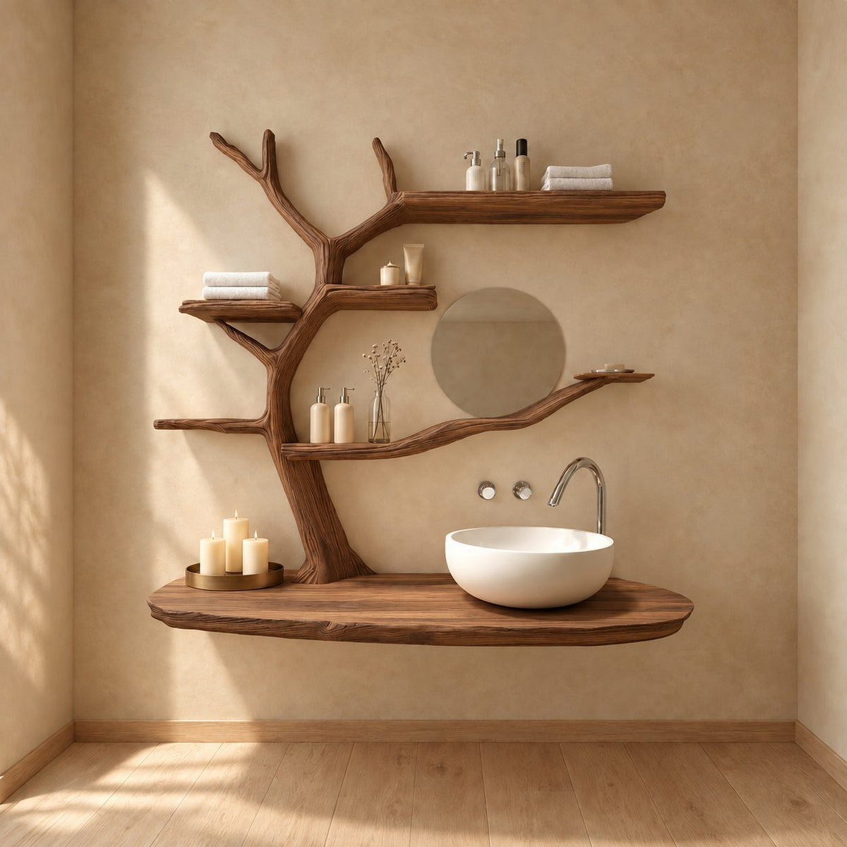 Wind Swept Tree Bathroom Vanity 60 Inch, Oval Floating Countertop with Four Long Branch Shelves