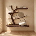 Wind Swept Tree Bathroom Vanity 60 Inch, Oval Floating Countertop with Four Long Branch Shelves