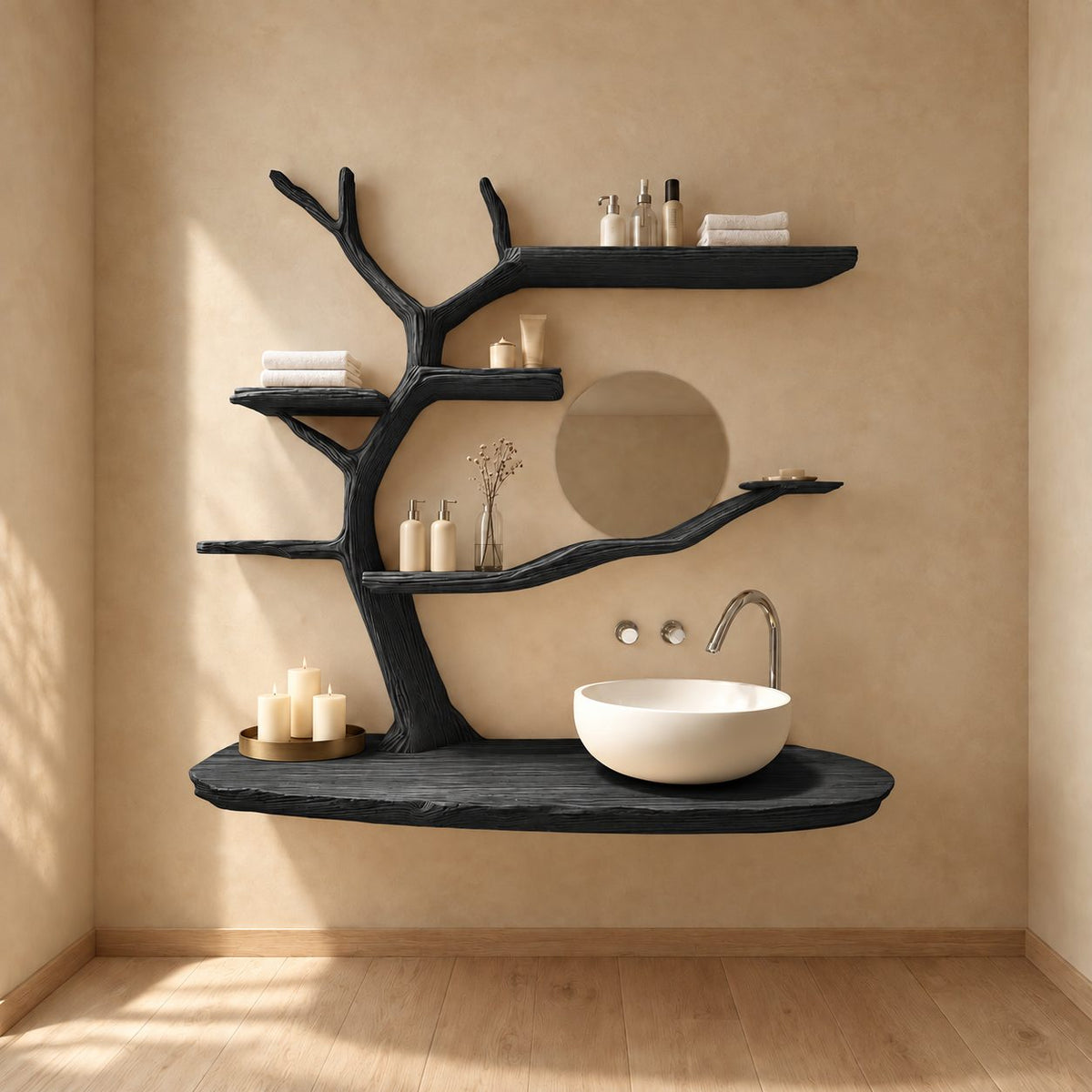Wind Swept Tree Bathroom Vanity 60 Inch, Oval Floating Countertop with Four Long Branch Shelves