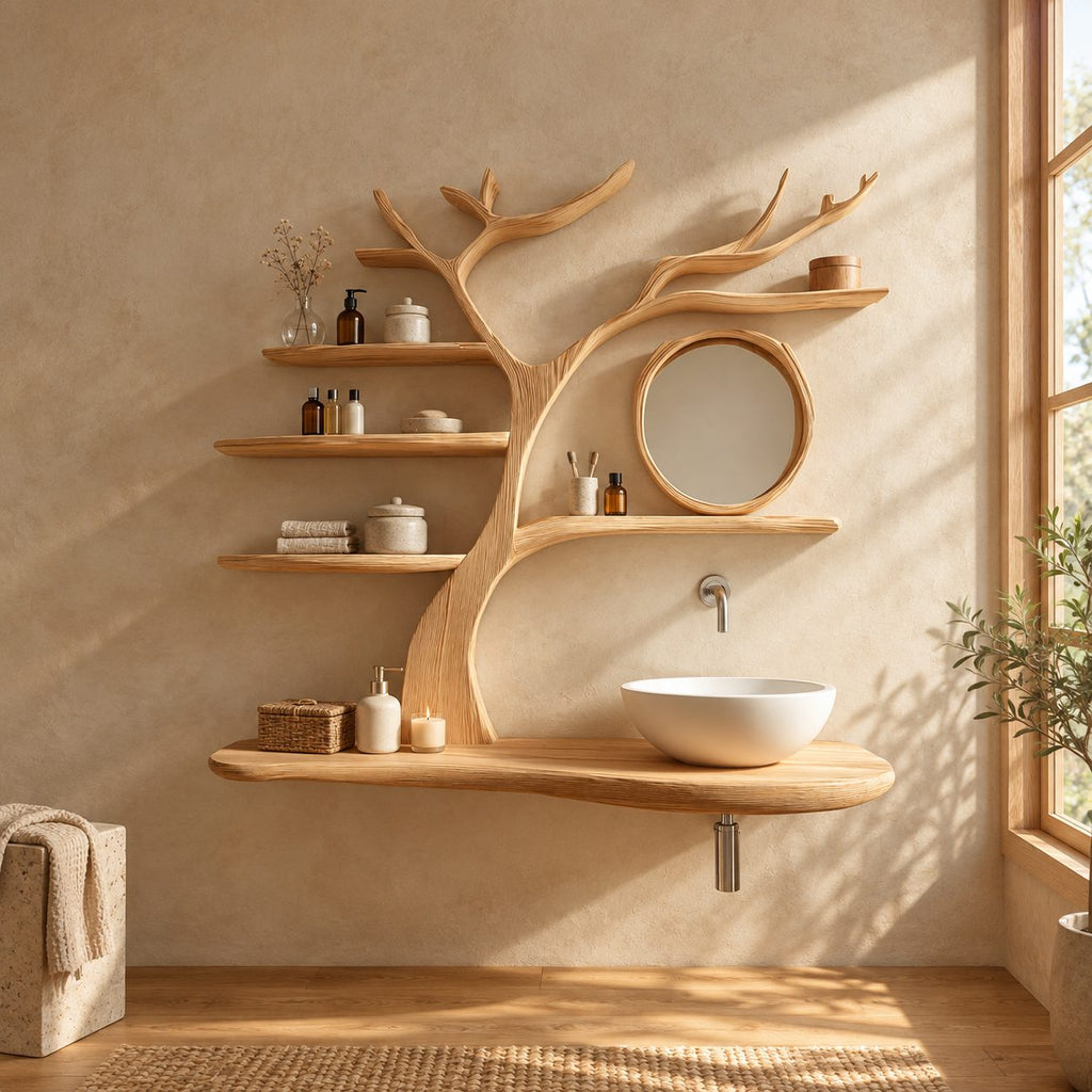 Ring Branch Tree Bathroom Vanity 60 Inch, Rounded Floating Countertop with a Wood Loop and Five Shelves