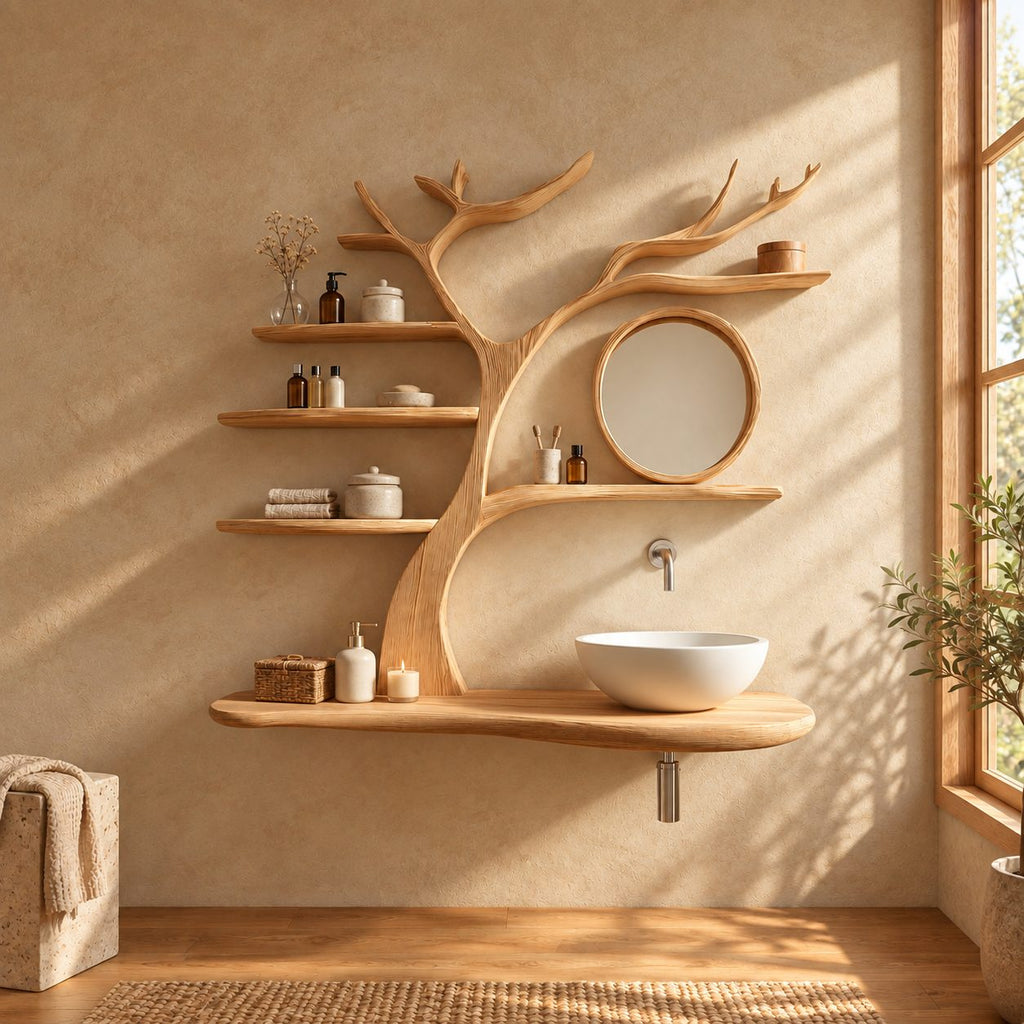 Ring Branch Tree Bathroom Vanity 60 Inch, Rounded Floating Countertop with a Wood Loop and Five Shelves
