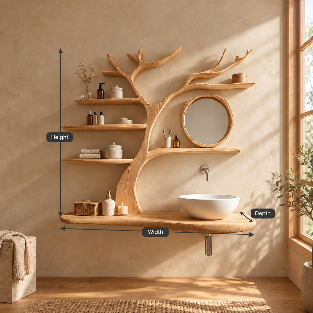 Ring Branch Tree Bathroom Vanity 60 Inch, Rounded Floating Countertop with a Wood Loop and Five Shelves