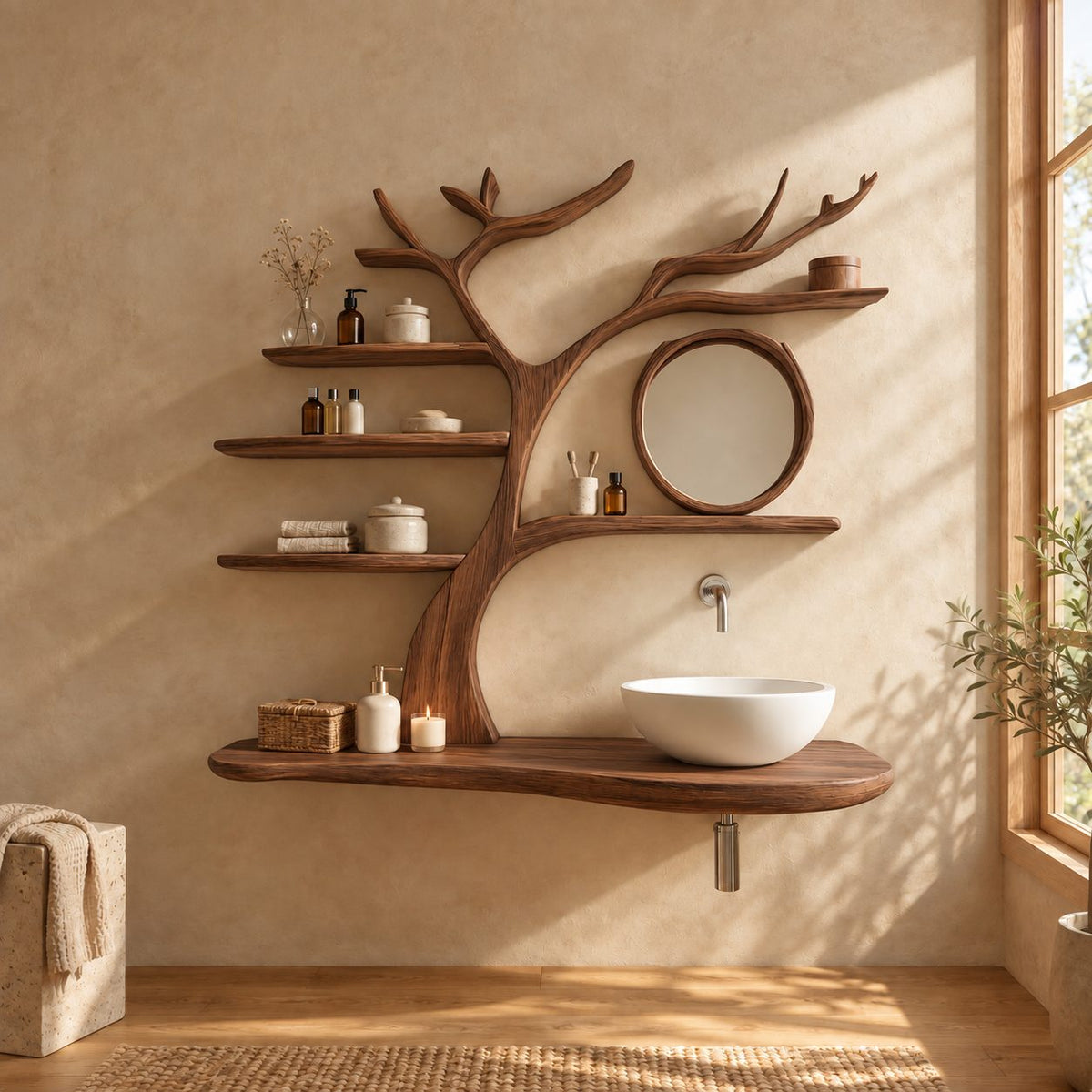 Ring Branch Tree Bathroom Vanity 60 Inch, Rounded Floating Countertop with a Wood Loop and Five Shelves