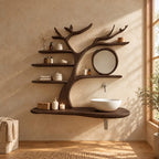 Ring Branch Tree Bathroom Vanity 60 Inch, Rounded Floating Countertop with a Wood Loop and Five Shelves