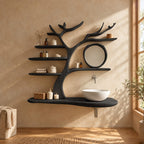 Ring Branch Tree Bathroom Vanity 60 Inch, Rounded Floating Countertop with a Wood Loop and Five Shelves
