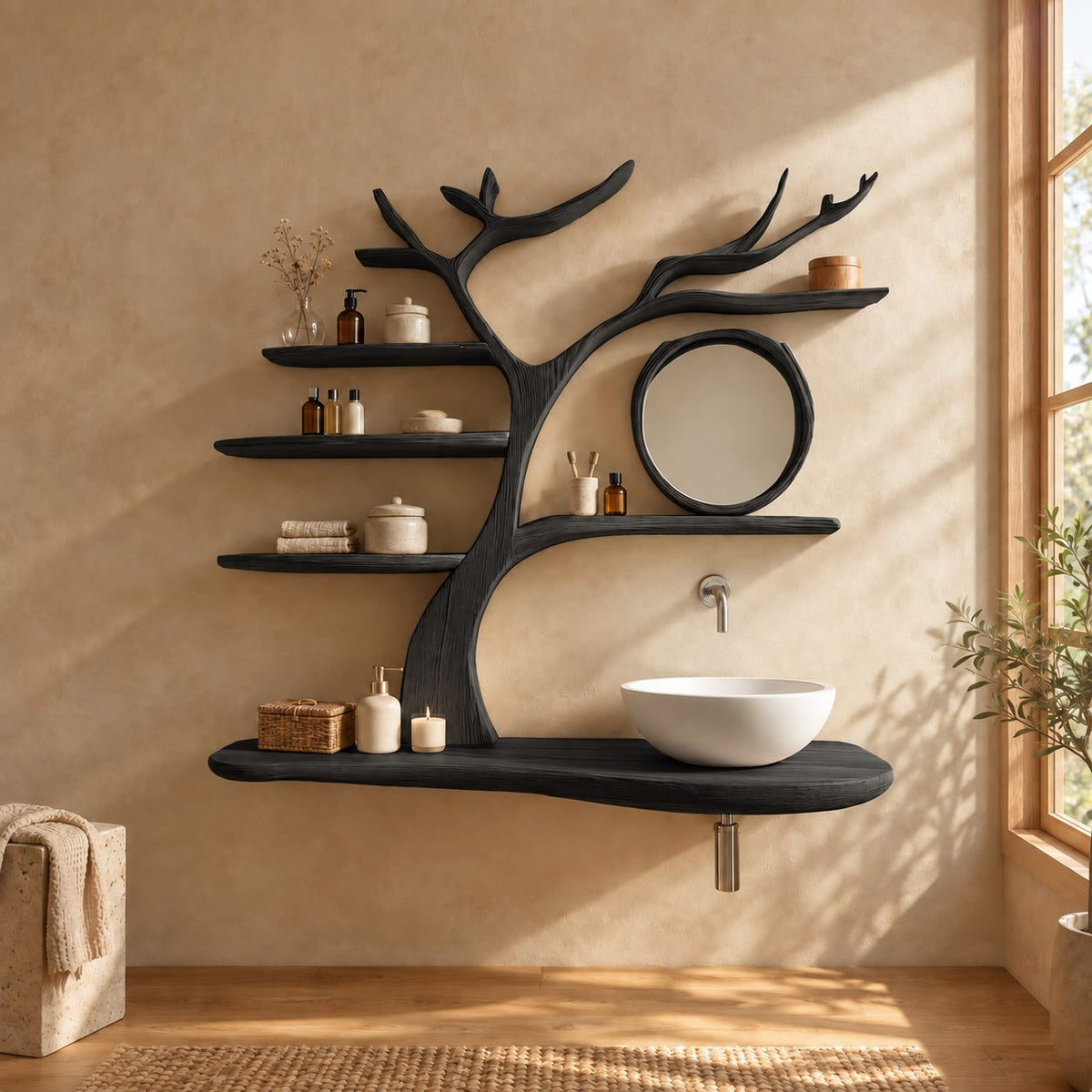 Ring Branch Tree Bathroom Vanity 60 Inch, Rounded Floating Countertop with a Wood Loop and Five Shelves