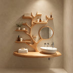 Rail Shelf Tree Bathroom Vanity 60 Inch, Oval Floating Countertop with a Branch Loop and Six Lipped Shelves