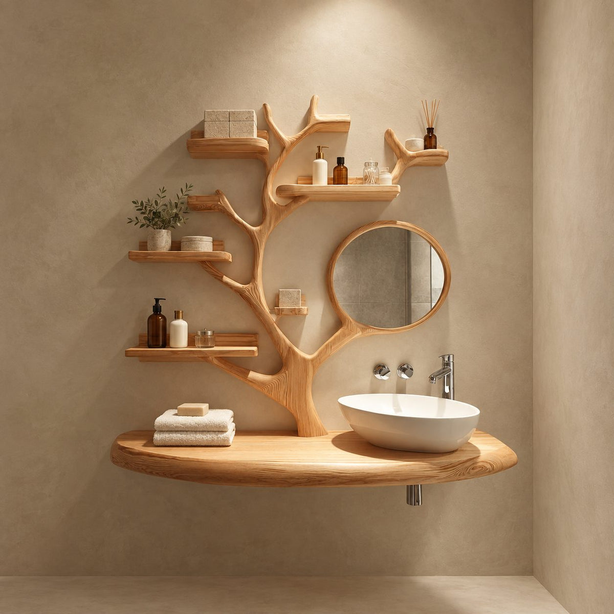 Rail Shelf Tree Bathroom Vanity 60 Inch, Oval Floating Countertop with a Branch Loop and Six Lipped Shelves