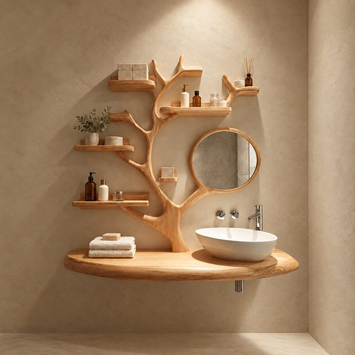 Rail Shelf Tree Bathroom Vanity 60 Inch, Oval Floating Countertop with a Branch Loop and Six Lipped Shelves