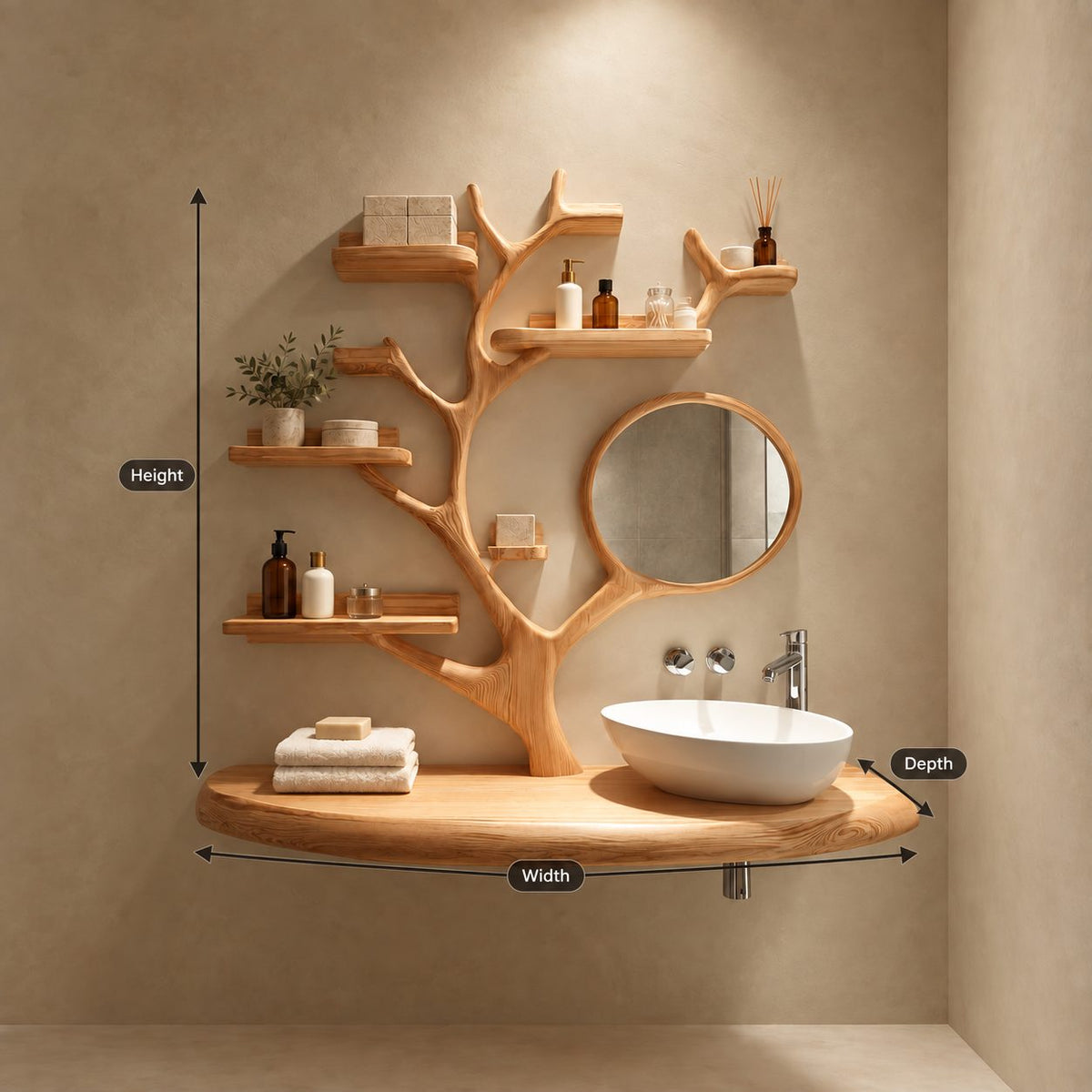 Rail Shelf Tree Bathroom Vanity 60 Inch, Oval Floating Countertop with a Branch Loop and Six Lipped Shelves