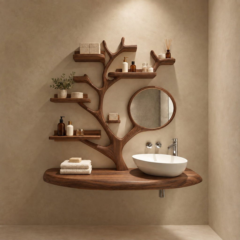 Rail Shelf Tree Bathroom Vanity 60 Inch, Oval Floating Countertop with a Branch Loop and Six Lipped Shelves