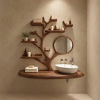 Rail Shelf Tree Bathroom Vanity 60 Inch, Oval Floating Countertop with a Branch Loop and Six Lipped Shelves