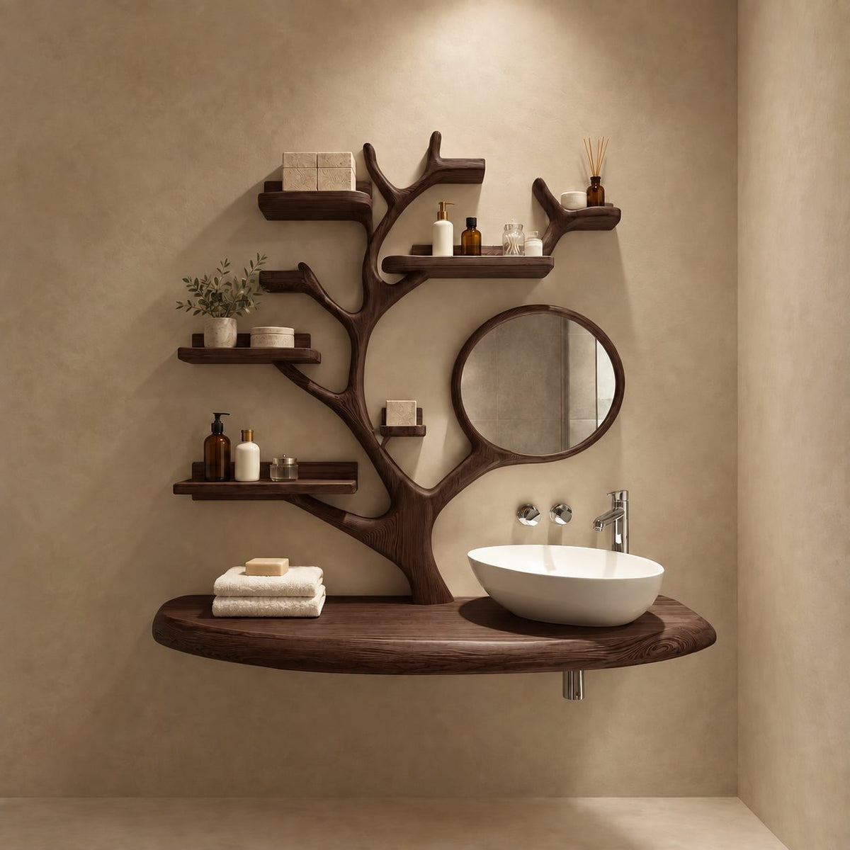 Rail Shelf Tree Bathroom Vanity 60 Inch, Oval Floating Countertop with a Branch Loop and Six Lipped Shelves