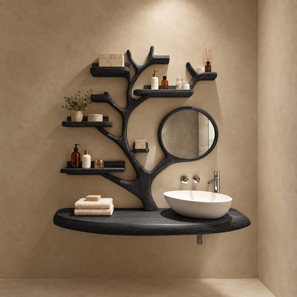 Rail Shelf Tree Bathroom Vanity 60 Inch, Oval Floating Countertop with a Branch Loop and Six Lipped Shelves