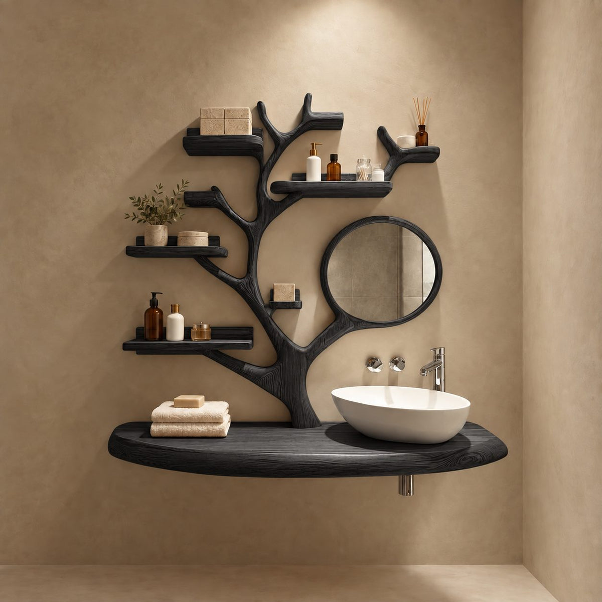 Rail Shelf Tree Bathroom Vanity 60 Inch, Oval Floating Countertop with a Branch Loop and Six Lipped Shelves