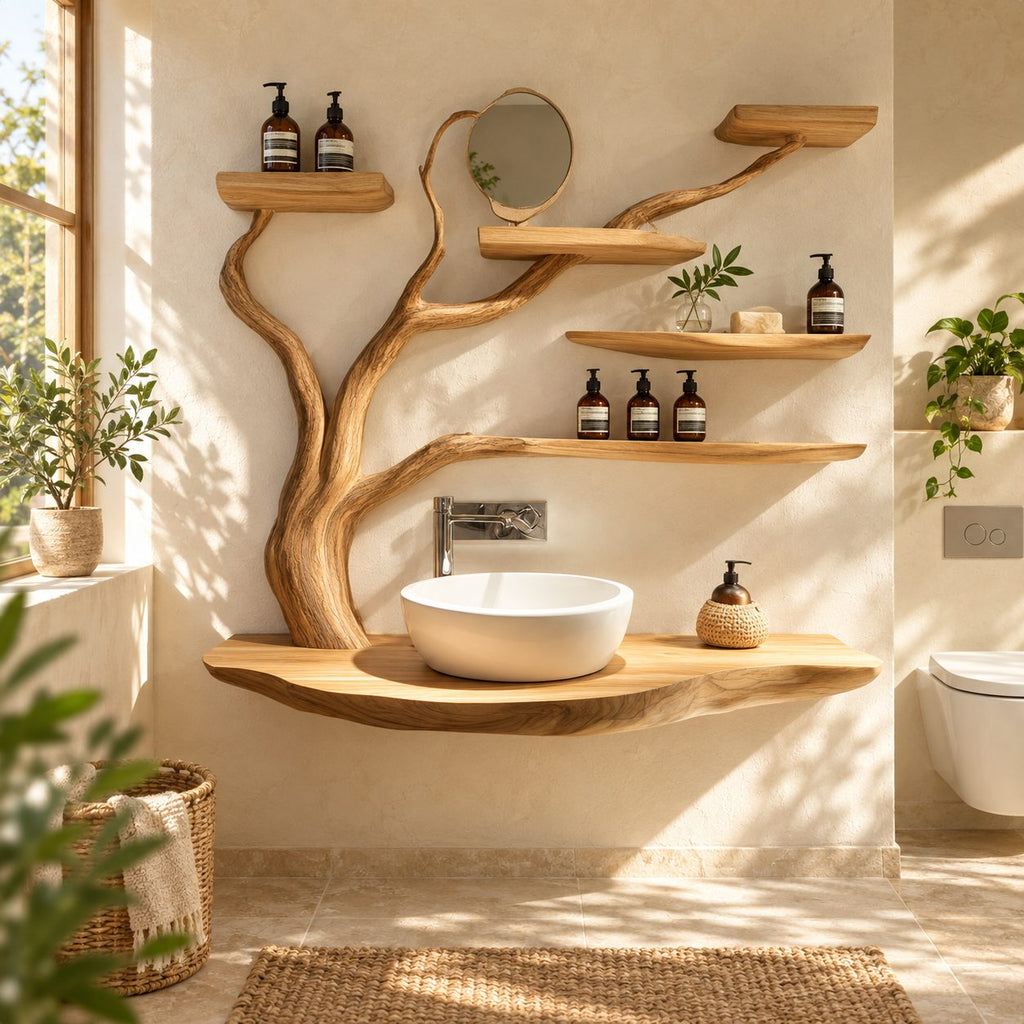 Curving Trunk Live Edge Bathroom Vanity 45-60 Inch, Thick Floating Countertop with Five Tree Branch Shelves
