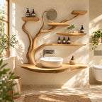 Curving Trunk Live Edge Bathroom Vanity 45-60 Inch, Thick Floating Countertop with Five Tree Branch Shelves