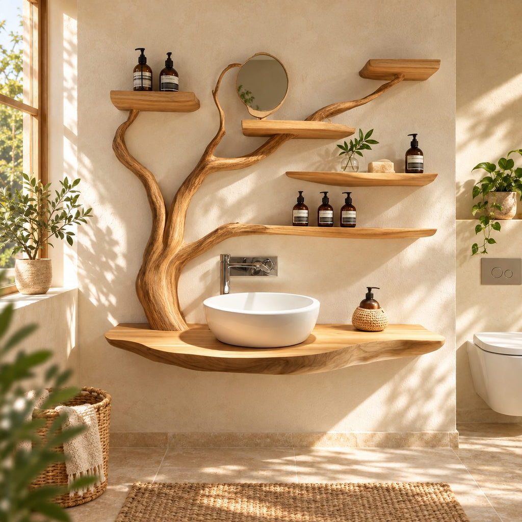 Curving Trunk Live Edge Bathroom Vanity 45-60 Inch, Thick Floating Countertop with Five Tree Branch Shelves