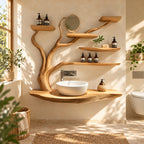 Curving Trunk Live Edge Bathroom Vanity 45-60 Inch, Thick Floating Countertop with Five Tree Branch Shelves