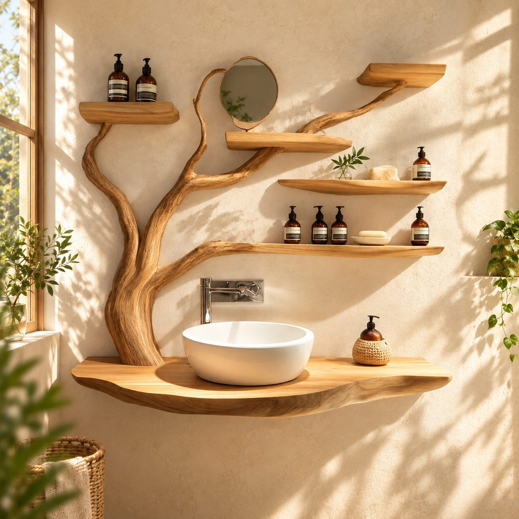 Curving Trunk Live Edge Bathroom Vanity 45-60 Inch, Thick Floating Countertop with Five Tree Branch Shelves