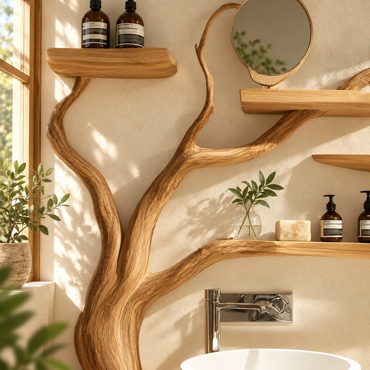 Curving Trunk Live Edge Bathroom Vanity 45-60 Inch, Thick Floating Countertop with Five Tree Branch Shelves